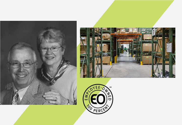 Collage containing a portrait of the founders, a warehouse, and a certified 100% Employee-owned logo