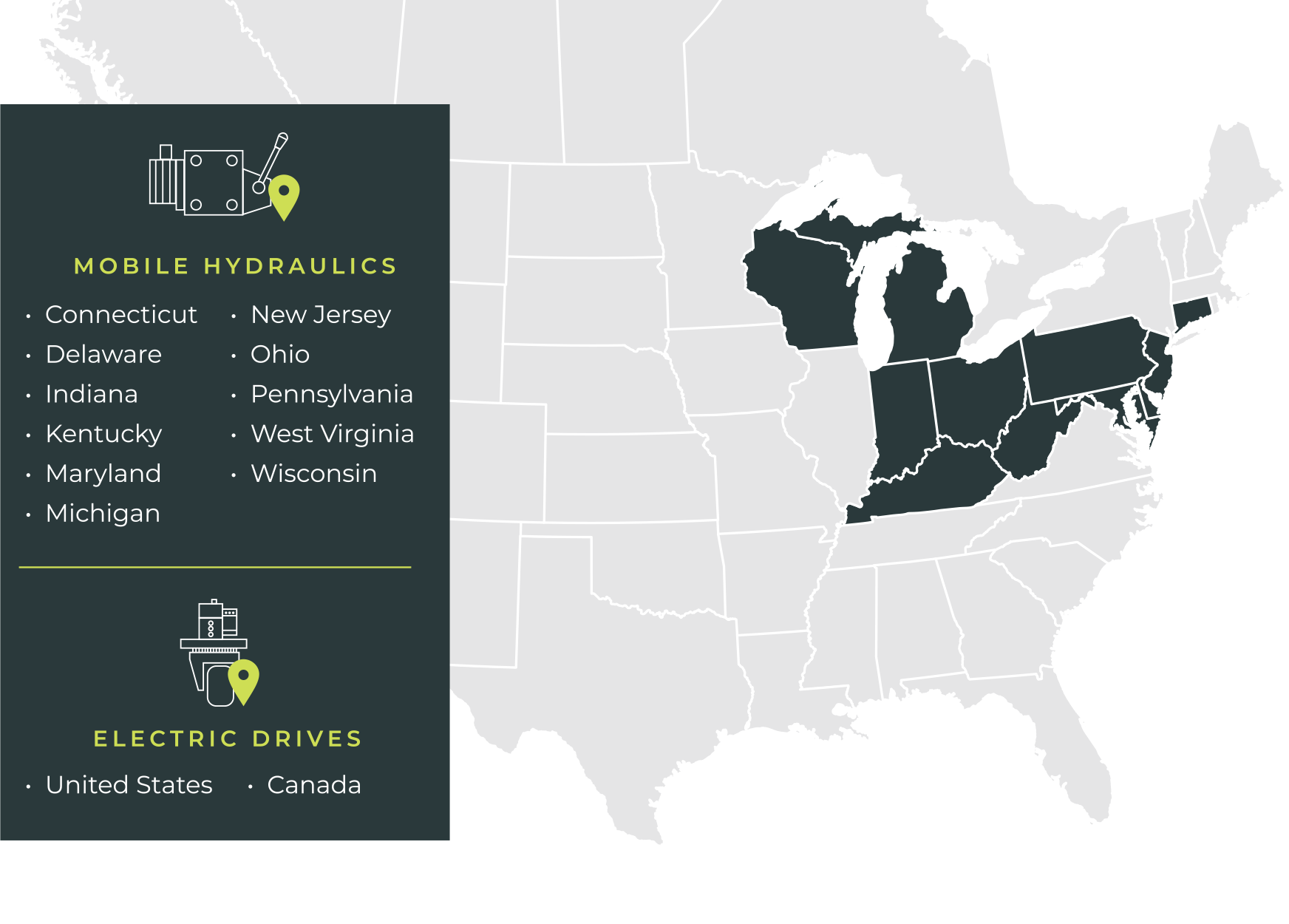 A list and map of the US showing available locations for sales contacts regarding electric drives and mobile hydraulics. Electric drives: US and Canada. Mobile Hydraulics: Connecticut, Delaware, Indiana, Kentucky, Maryland, Michigan, New Jersey, Ohio, Pennsylvania, West Virginia, and Wisconsin.